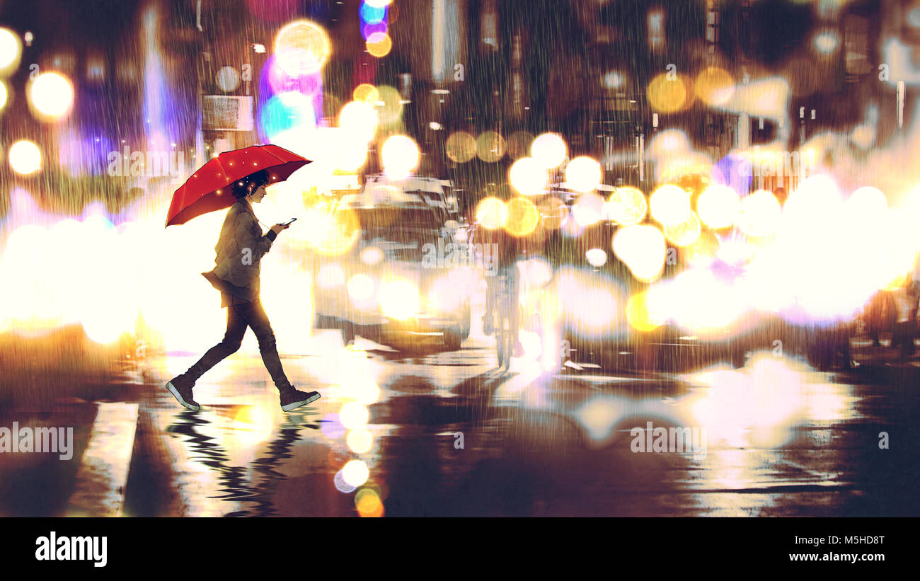 Giovane donna ascolta musica sul suo telefono e tenendo un ombrello rosso attraversare una strada di Città nella notte piovosa, arte digitale stile, illustrazione il dolore Foto Stock