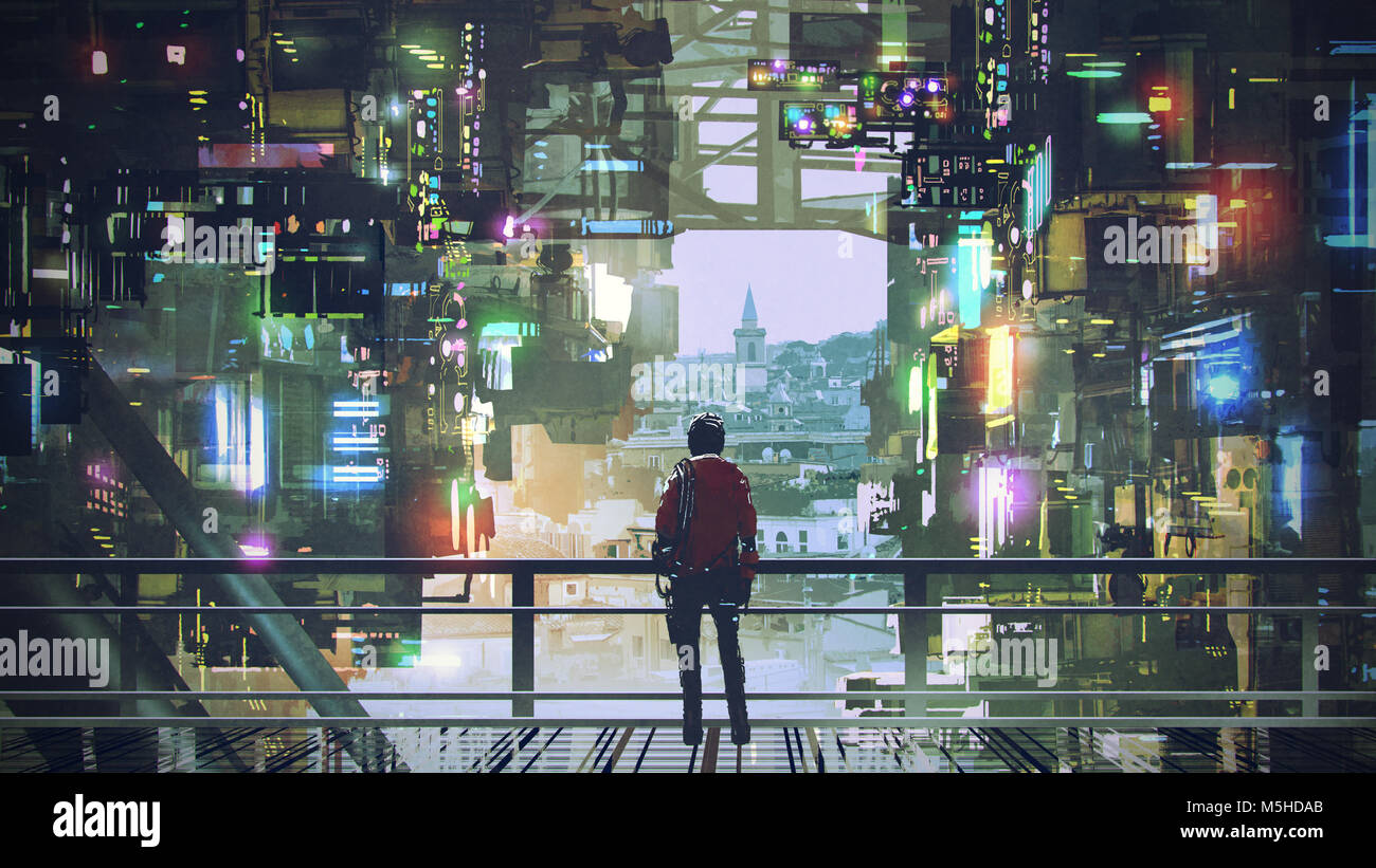 Uomo al balcone che guarda alla città futuristica con luce colorata, arte digitale stile, illustrazione pittura Foto Stock