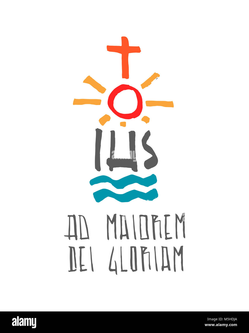 Disegnata a mano illustrazione vettoriale o di disegno di alcuni simboli religiosi e la frase in lingua latina che significa: Per la maggiore gloria di Dio Foto Stock