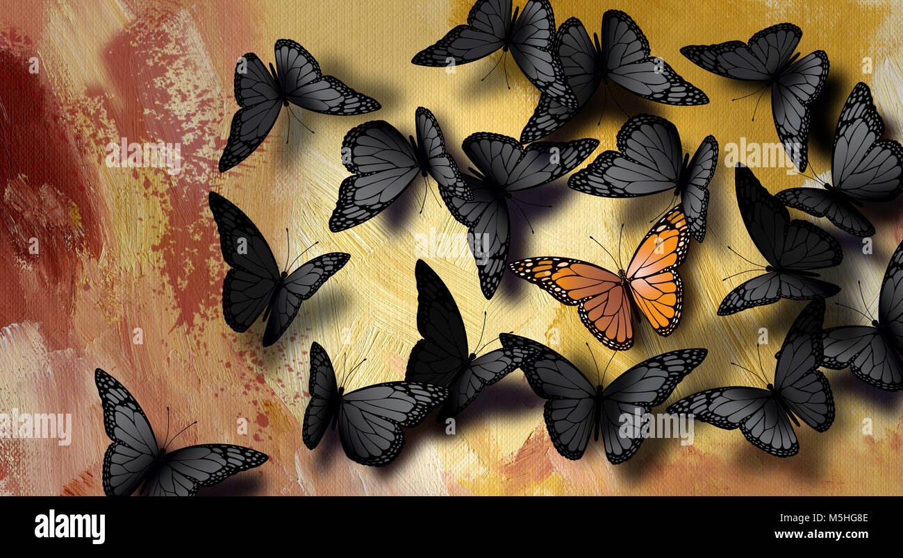 Illustrazione grafica iconica, splendidamente sviluppato farfalla monarca tra un host di comune grigio, nero quelli. Metafora concettuale di confronto. Foto Stock