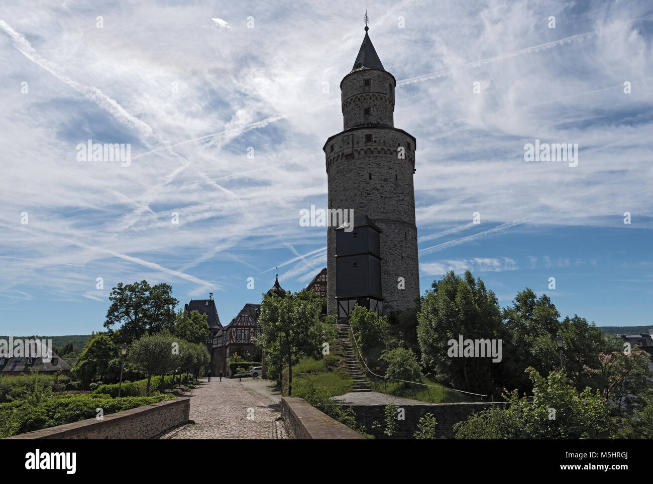 Il castello rinascimentale Idstein con una torre di strega, Germania Foto Stock
