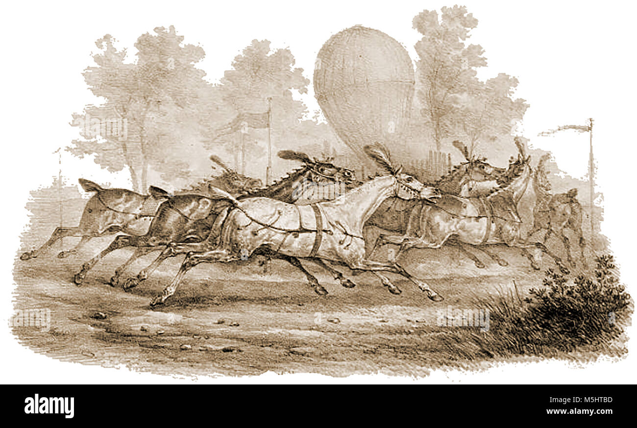 Palloni e macchine volanti - un Francese di corsa di cavalli senza fantini - pallone in background Foto Stock