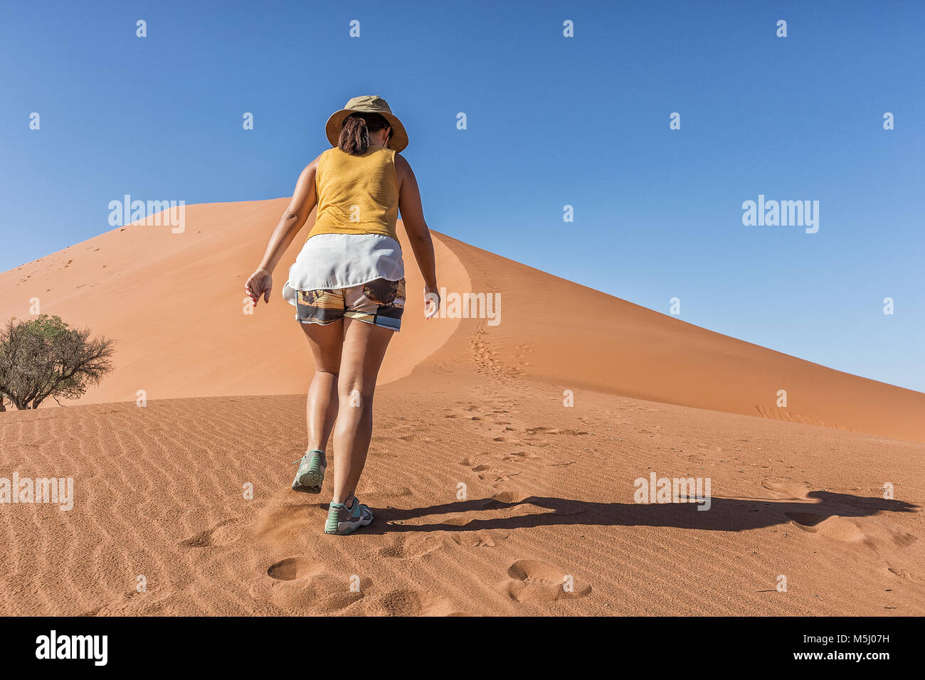 Ragazza di arrampicata Duna Rossa, Namibia. Sossusvlei. Foto Stock