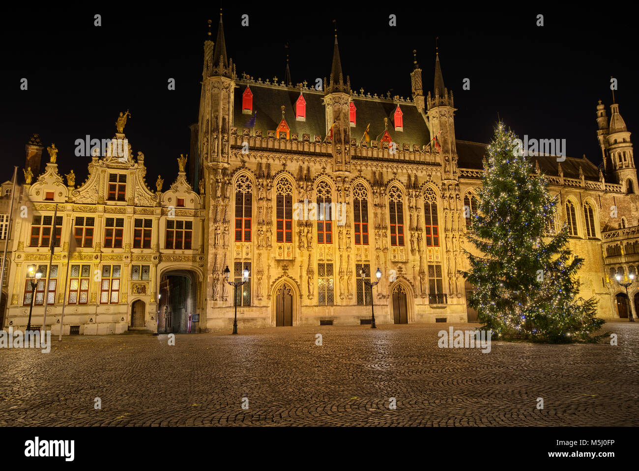 Belgio, Fiandre, Bruges, la città vecchia, la piazza del castello, il municipio e l'albero di natale di notte Foto Stock