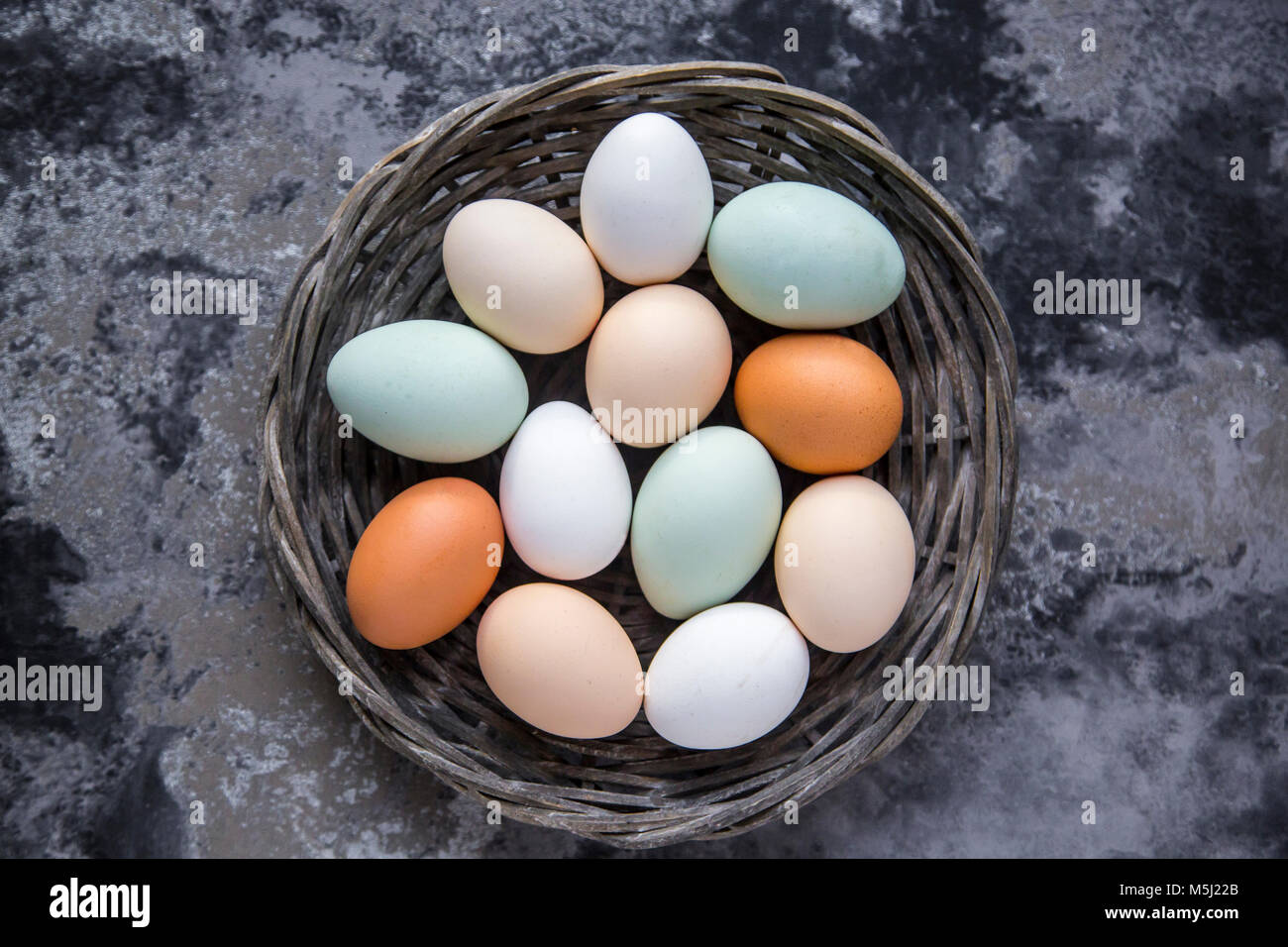 Differenti uova, bianco, marrone, marrone chiaro e verde uova Foto Stock