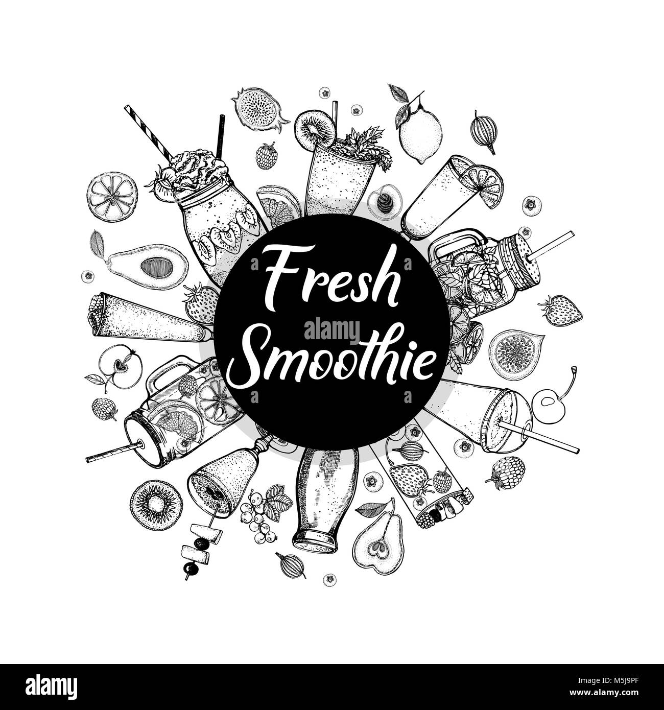 Disegnato a mano stile sketch smoothie con frutti. Vettore isolato illustrazione. Illustrazione Vettoriale