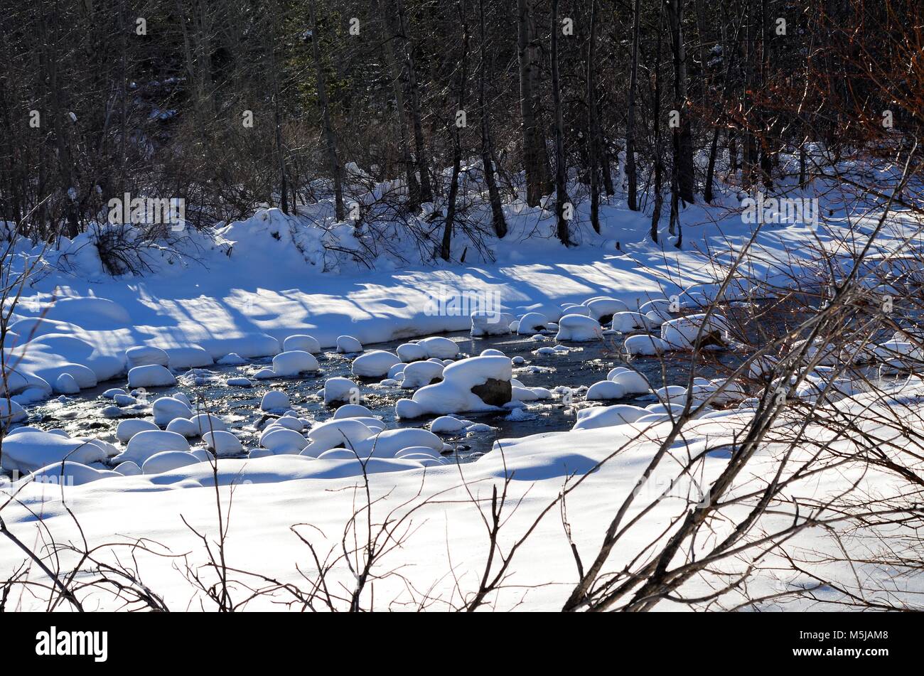 Un fiume durante i mesi invernali, dopo una grande nevicata, con rocce coperte di neve come un tappo a fungo Foto Stock