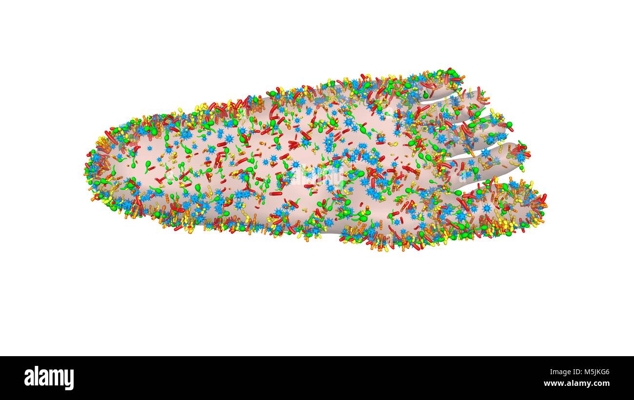 Microbiome , microrganismi, batteri, virus, microbi strisciando , riproducendo, moltiplicando , vivente sul piede umano. Densità di popolazione Foto Stock