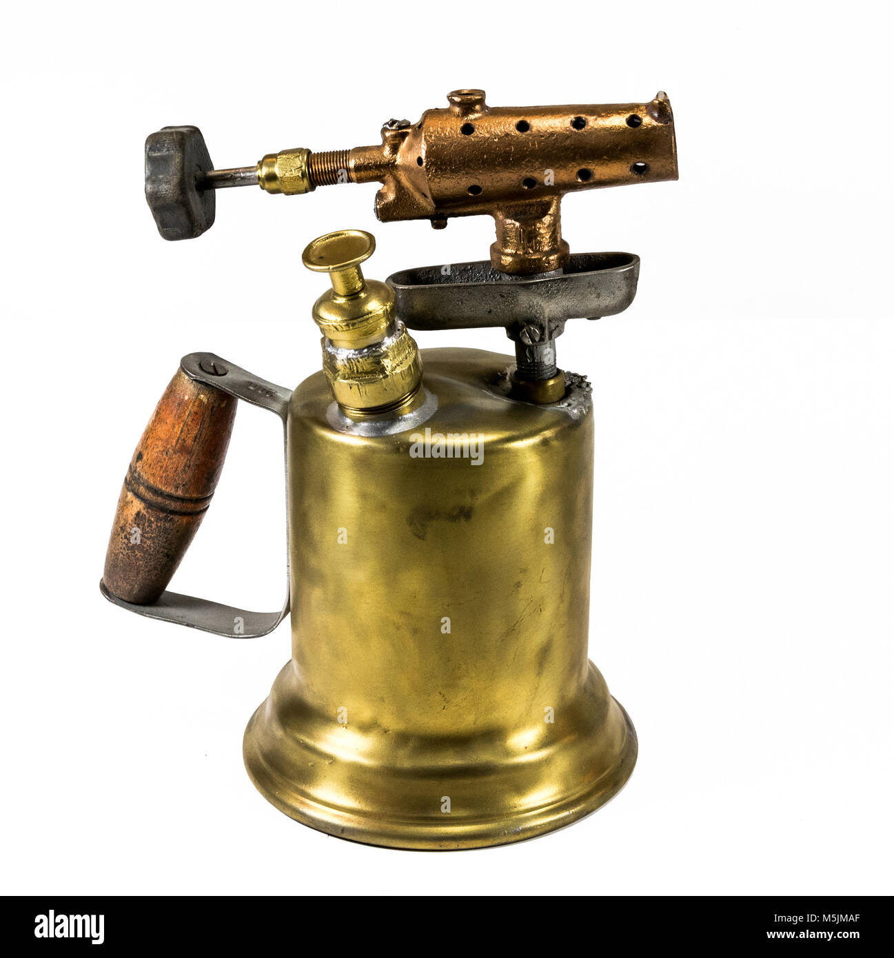 Vecchio ottone torcia soffiante con manico in legno e bronzo ugello 2 Foto Stock