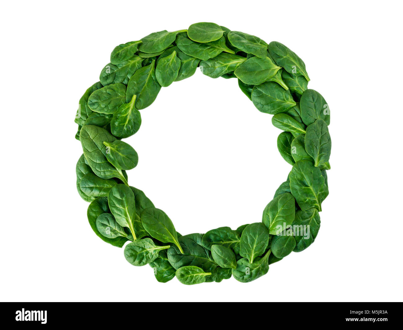 Perdita di peso dieta vincitore del challenge round ghirlanda di verde di foglie di spinaci vista dall'alto isolato su bianco Foto Stock