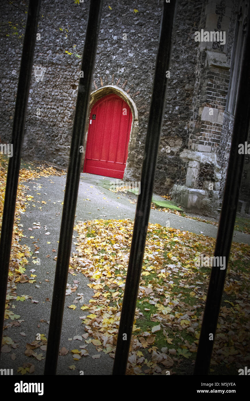porta rossa in pietra focaia costruita muro di chiesa norwich norfolk inghilterra Foto Stock