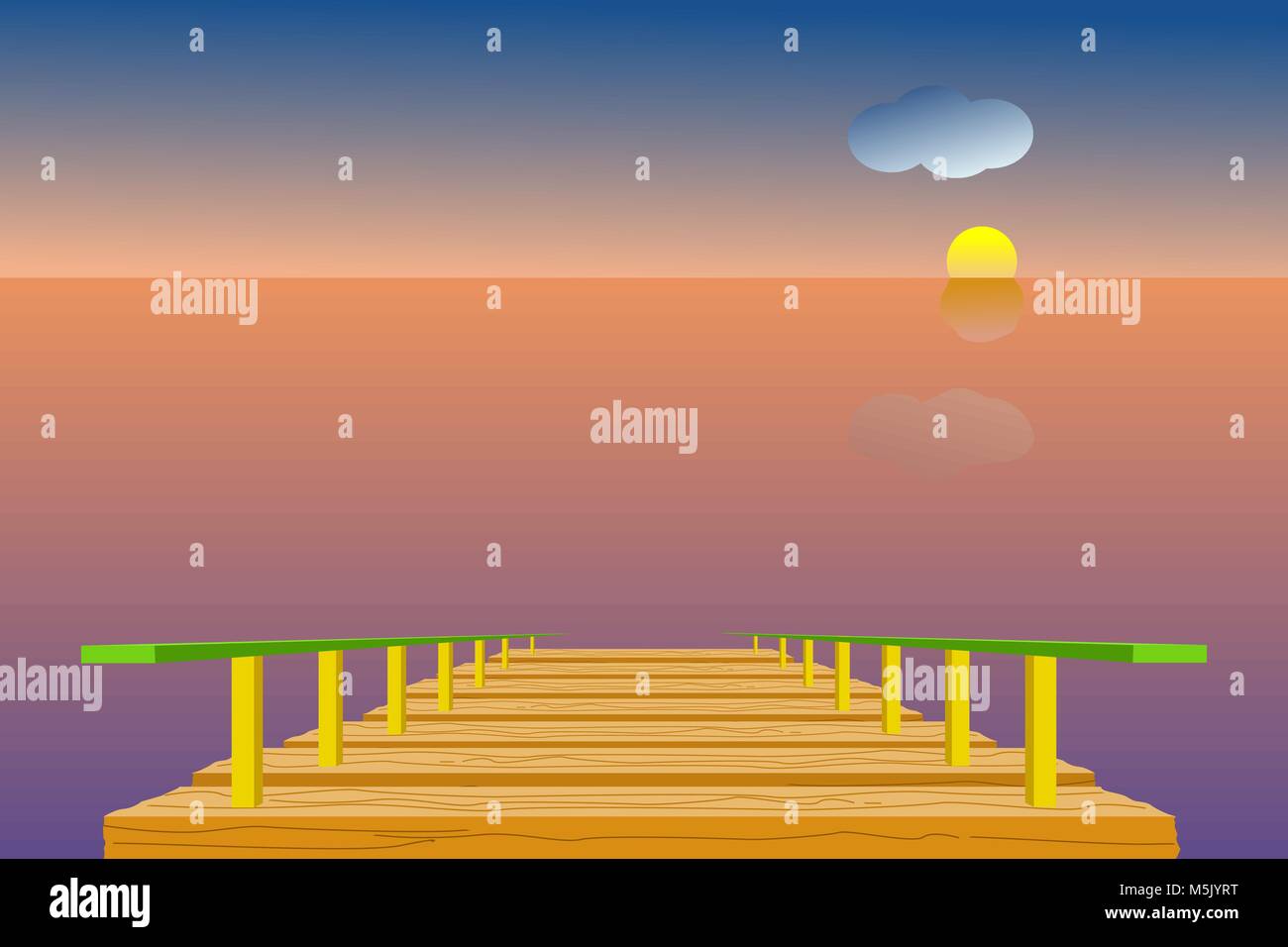 Il molo di legno in mare con il cielo, il sole, le nuvole e la linea di orizzonte; durante il crepuscolo del tempo. Illustrazione Vettoriale in design piatto. Illustrazione Vettoriale
