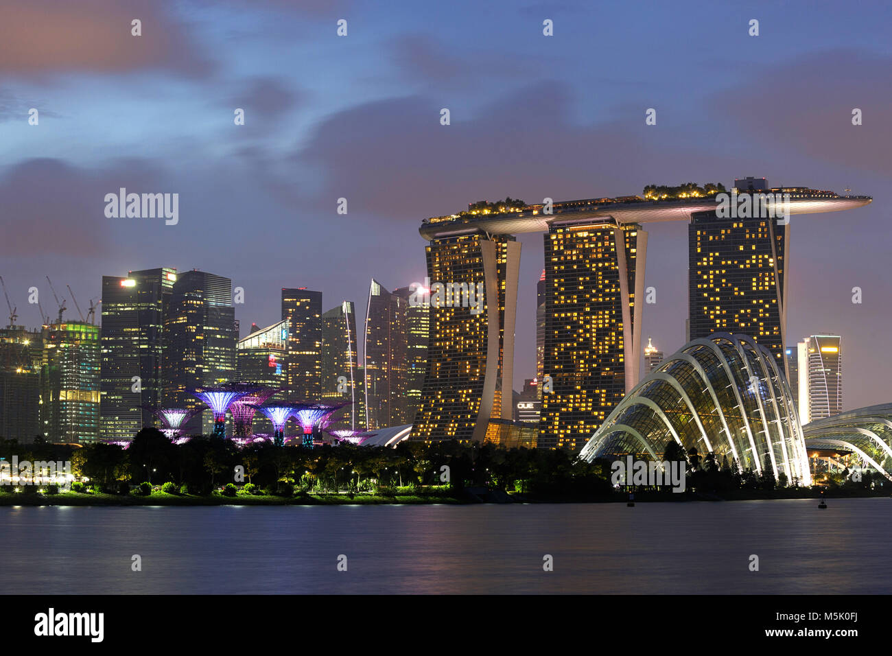 Lo skyline di Singapore presso il Marina Bay al crepuscolo con Supertrees, il Cloud Computing e le cupole di fiori, Marina Bay Sands Foto Stock