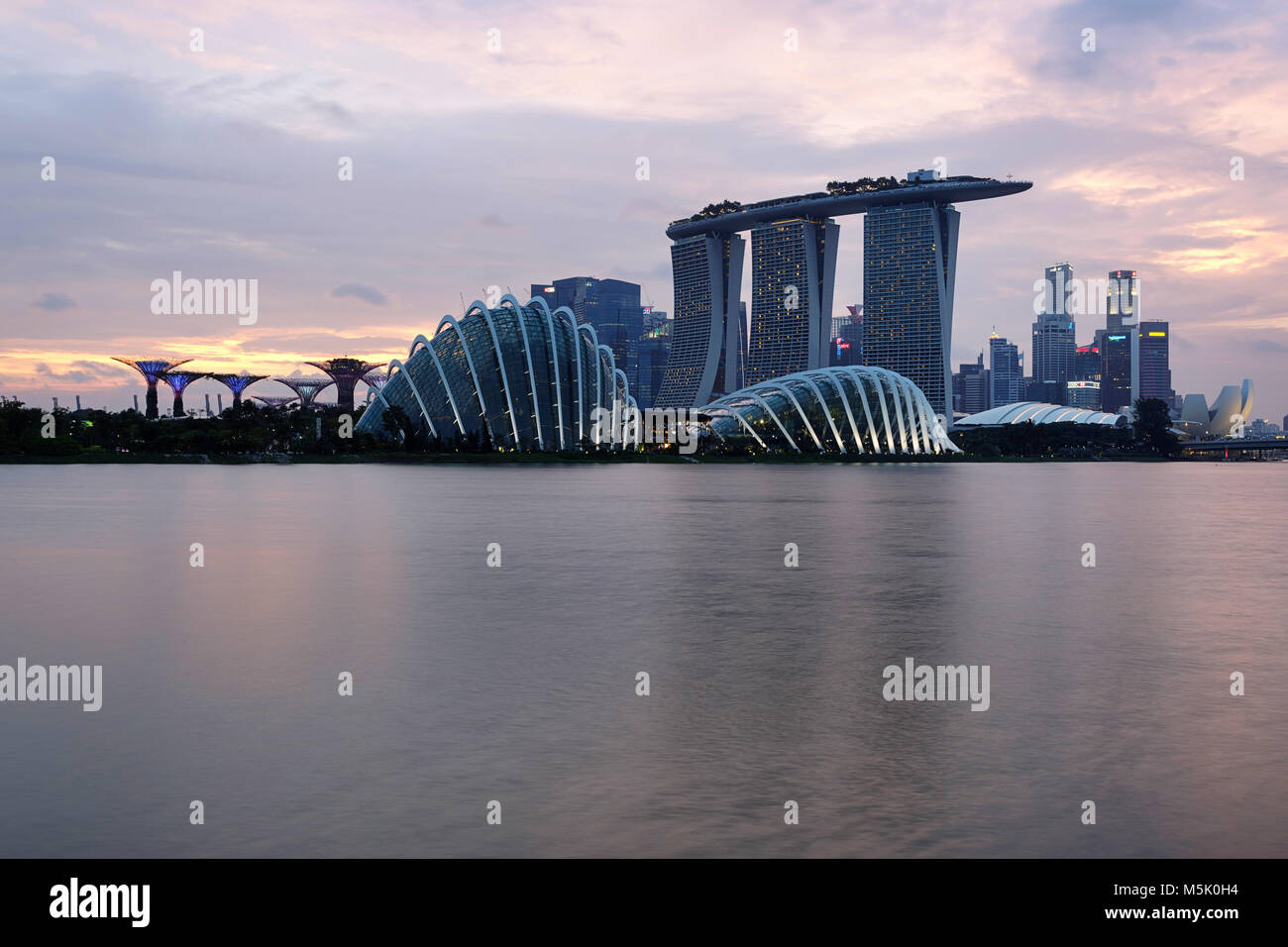 Singapore skyline di Marina Bay, con Supertrees, il Cloud Computing e le cupole di fiori, Marina Bay Sands Foto Stock