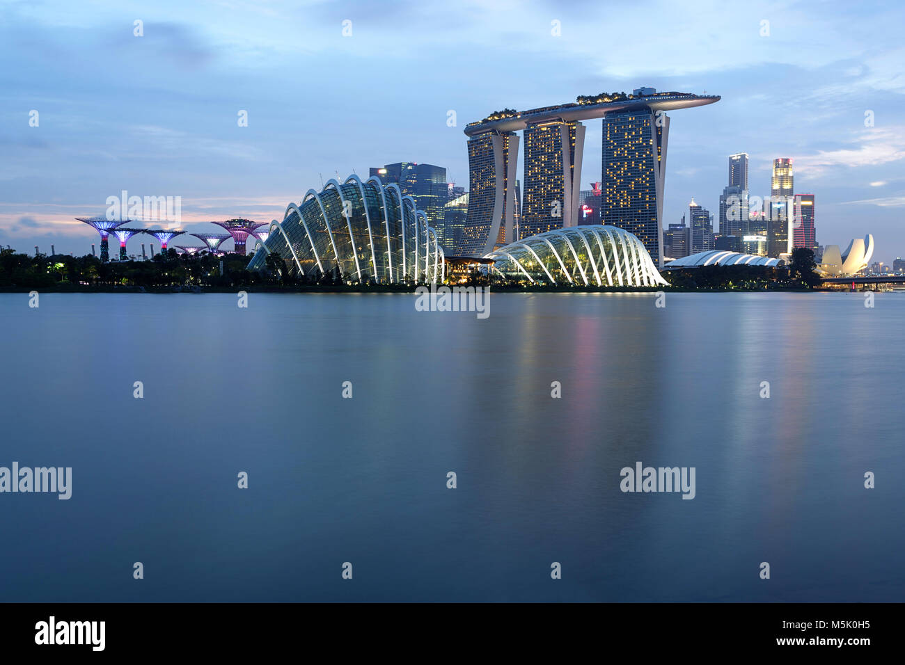 Singapore skyline di Marina Bay, con Supertrees, il Cloud Computing e le cupole di fiori, Marina Bay Sands Foto Stock
