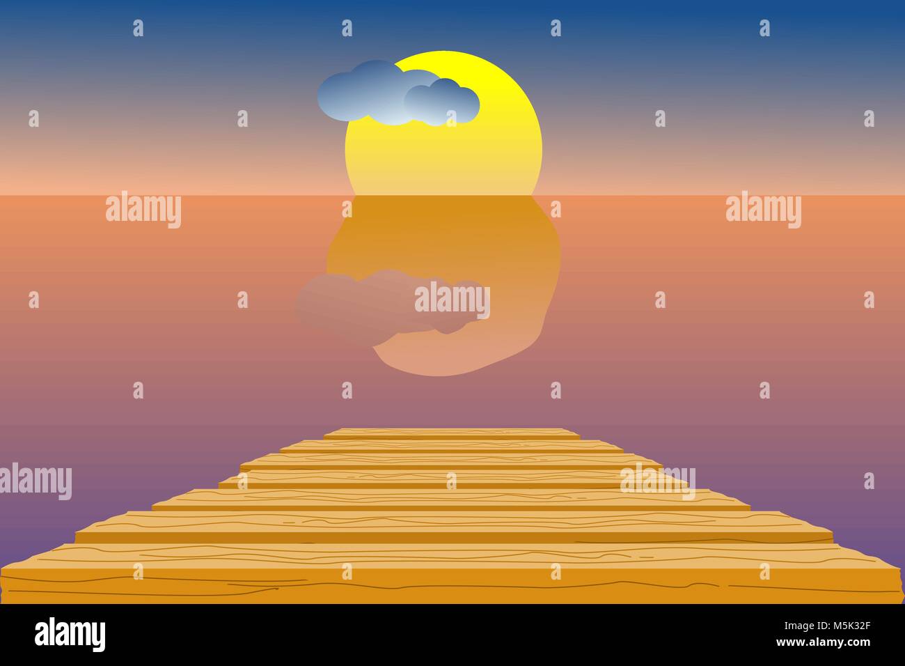 Il molo di legno in mare con il cielo, il sole, le nuvole e la linea di orizzonte; durante il crepuscolo del tempo. Illustrazione Vettoriale in design piatto. Illustrazione Vettoriale