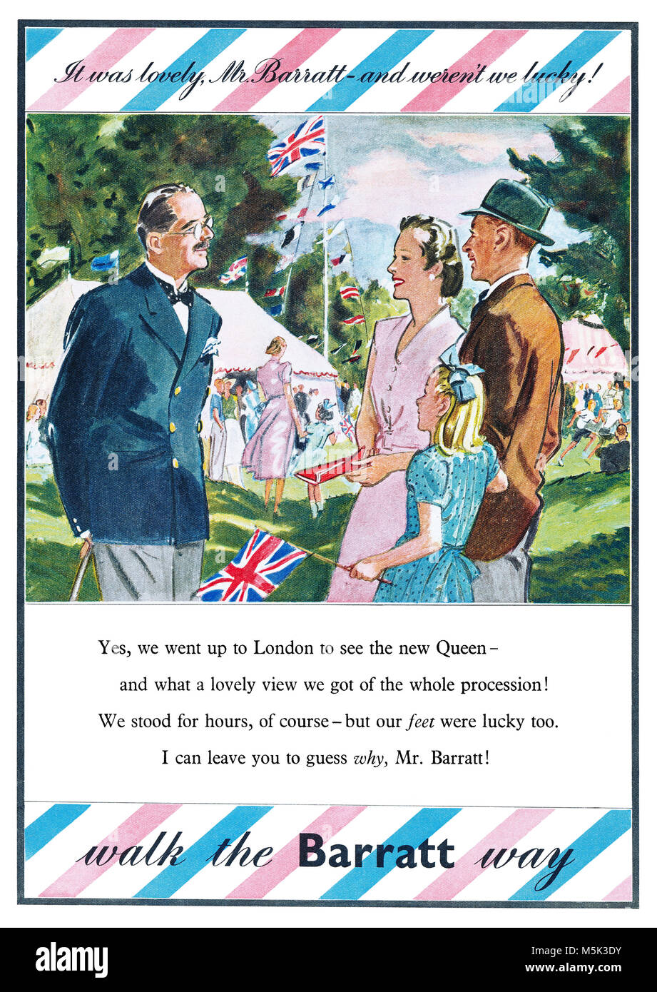 1953 British pubblicità per Barratt scarpe in incoronazione anno. Foto Stock