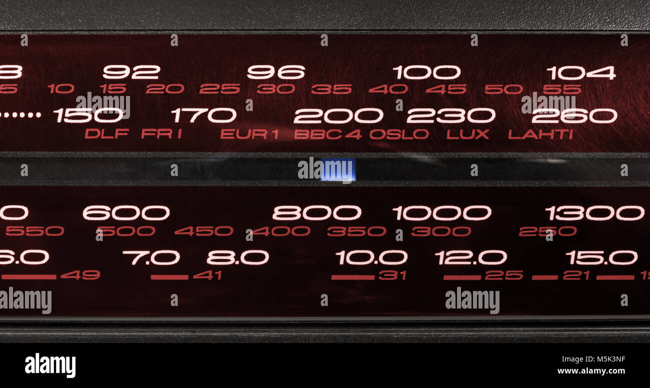 Primo piano sulla frequenza di visualizzazione di una radio FM-LW-MW-SW tuner Foto Stock