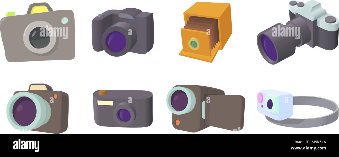 Icona fotocamera impostata, stile cartoon Illustrazione Vettoriale