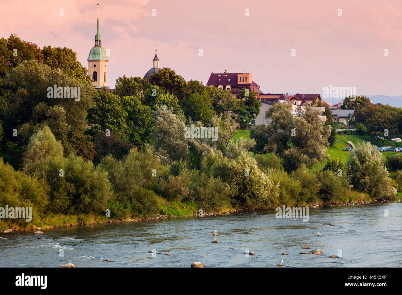 Nowy Sacz panorama con il fiume Dunajec. Nowy Sacz, Piccola Polonia, Polonia. Foto Stock