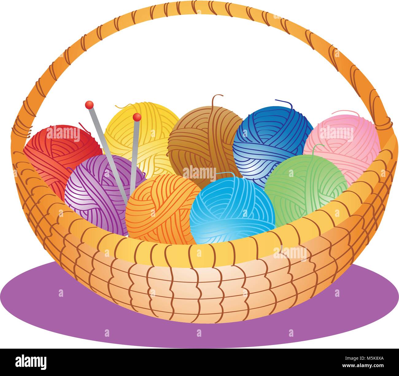 Un cartoon illustrazione di un cesto di lana e aghi di tessitura Illustrazione Vettoriale