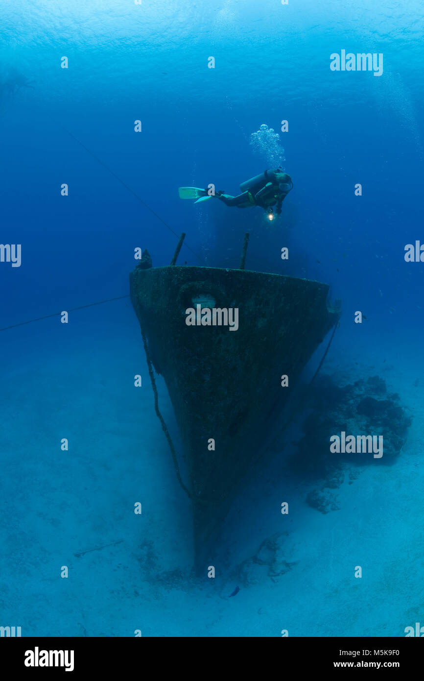 Scuba Diver presso le miniere più chiaro C-53, bonificata come attrazione di immersione a giugno 2000, Cozumel, Messico, Caraibi Foto Stock