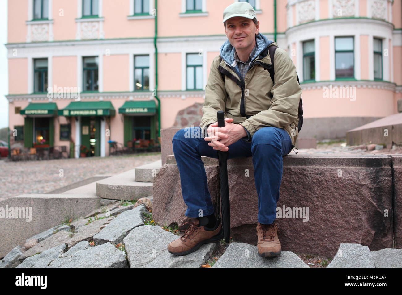 Appoggio turistico nel centro della città di Vyborg, Russia Foto Stock