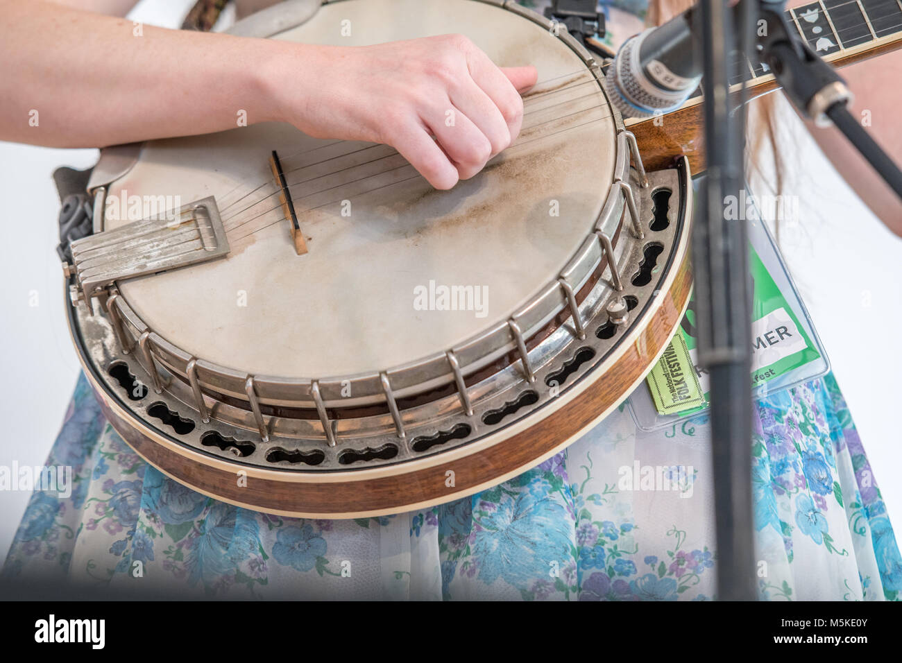 Informazioni dettagliate a portata di mano le stringhe di strimpellamento di banjo, Greensboro, Nord Carolina. Foto Stock