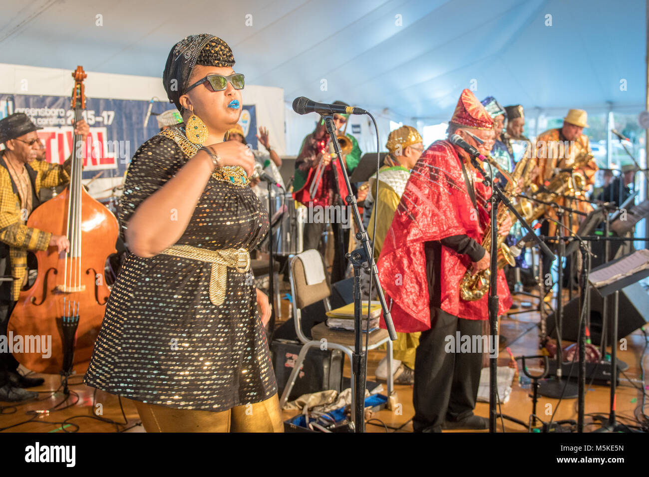 La Cosmic gruppo musicale Sun Ra Arkestra la preformatura insieme sul palco per la National Folk Festival di vita, Greensboro, Nord Carolina. Foto Stock