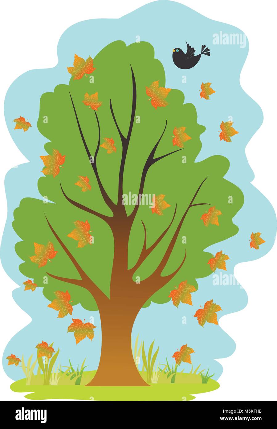 Un cartoon albero con foglie che cadono e un merlo Illustrazione Vettoriale