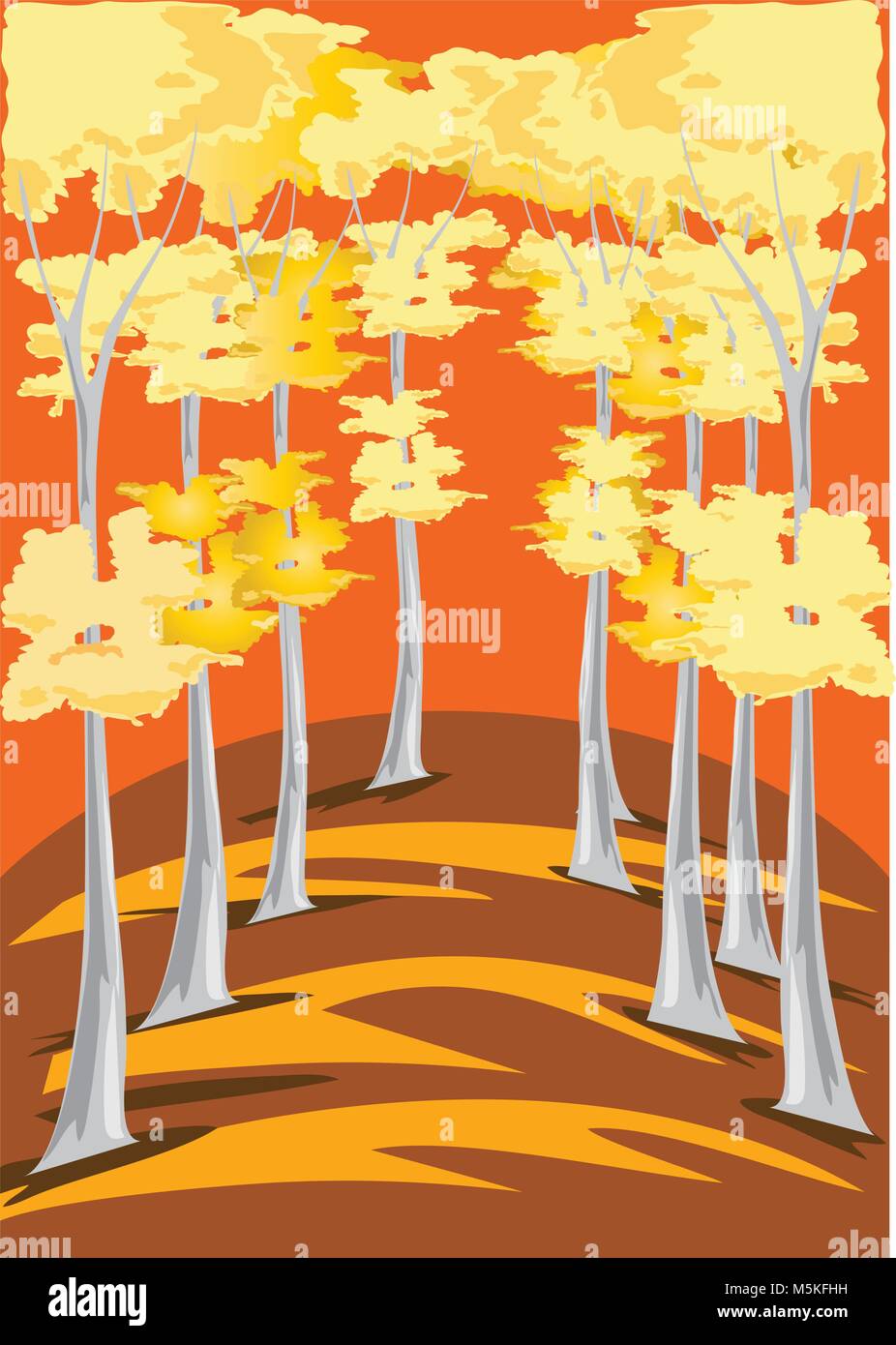 Una rappresentazione stilizzata di esili alberi con foglie d'oro. Illustrazione Vettoriale