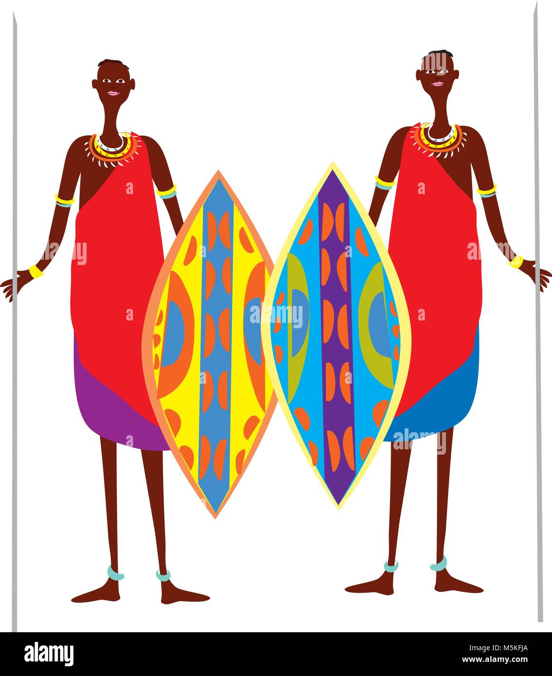Due cartoon masai guerrieri con colorate e sheilds speares Illustrazione Vettoriale