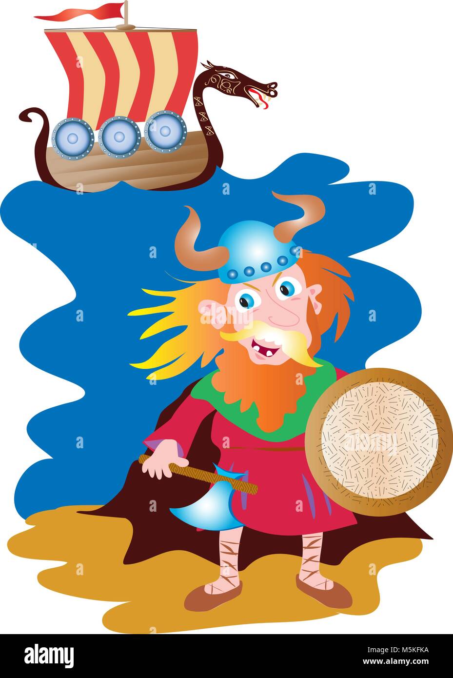 Un cartoon illustrazione di un selvaggio dai capelli rossi viking con ax, scudo e appuntite corna casco. Una longship decorato con testa di drago, protezioni e un re Illustrazione Vettoriale