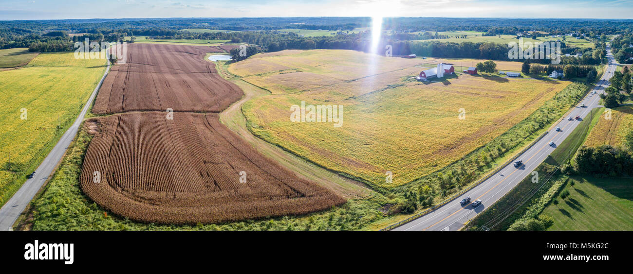 Ampio angolo di visione del grano idilliaca fattoria con granaio rosso e due corsie in esecuzione accanto a esso nell'autunno, Fallston, Maryland. Foto Stock