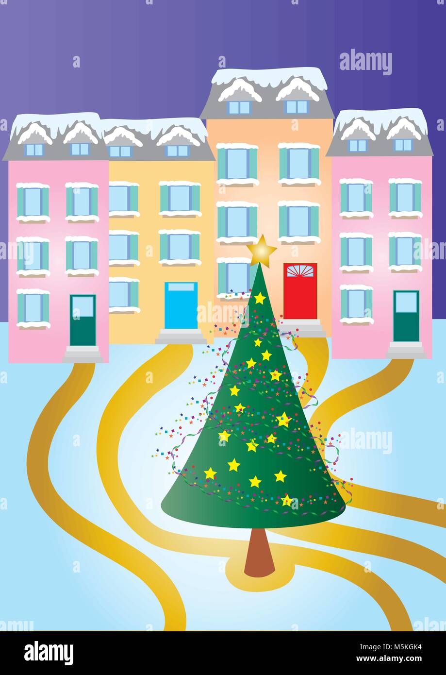 Una illustrazione vettoriale di una stilizzata albero di Natale con le case in background Illustrazione Vettoriale