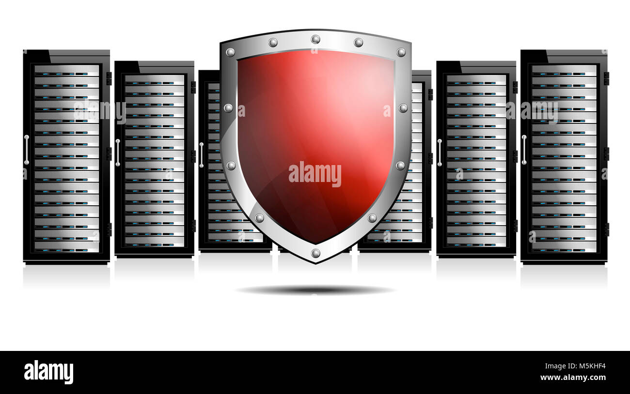 La protezione dei server con scudo rosso per computer in centri dati per il tuo sito web Foto Stock