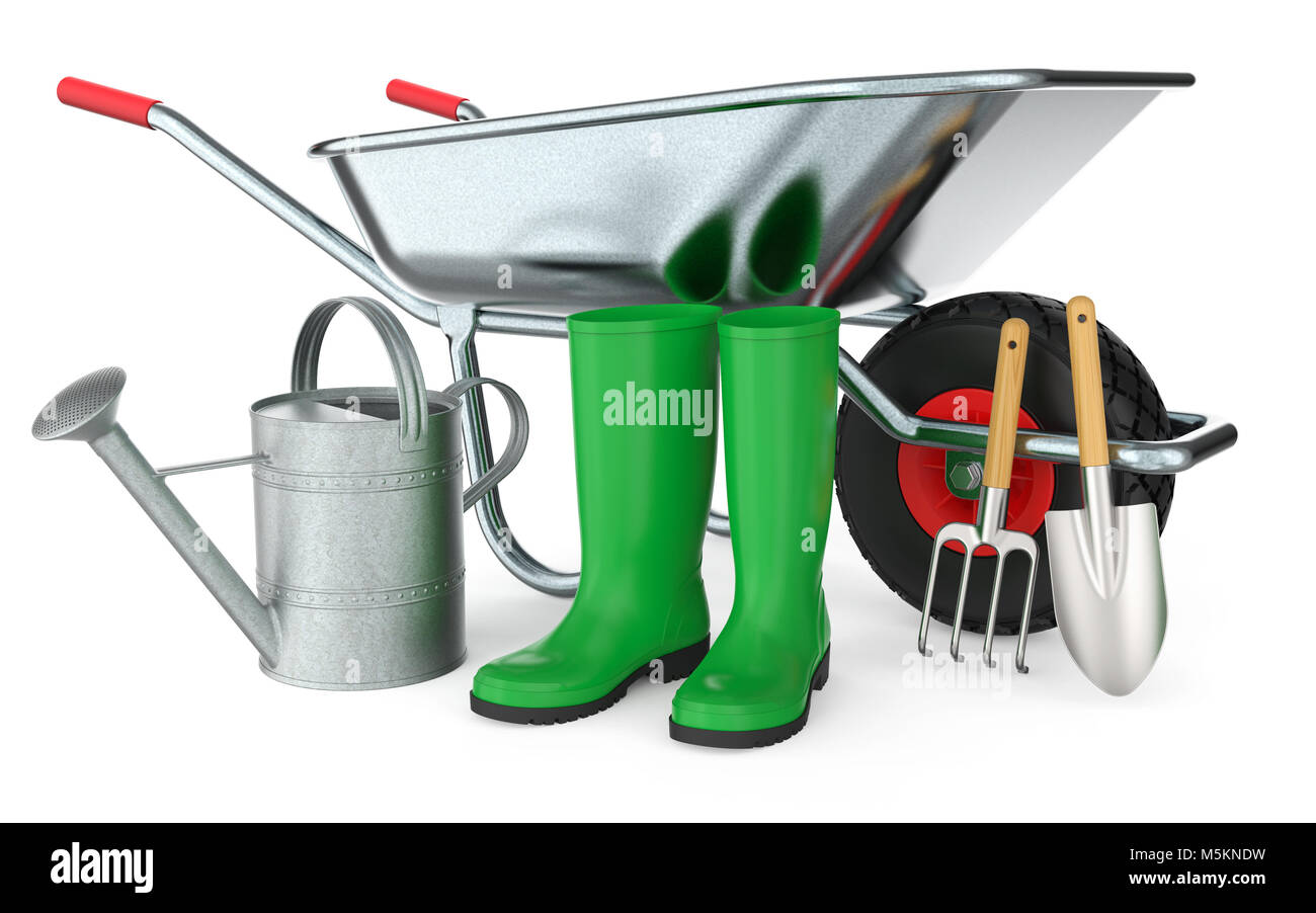Carriola con stivali, annaffiatoio, pala e zappa, isolato su sfondo bianco del rendering 3D Foto Stock