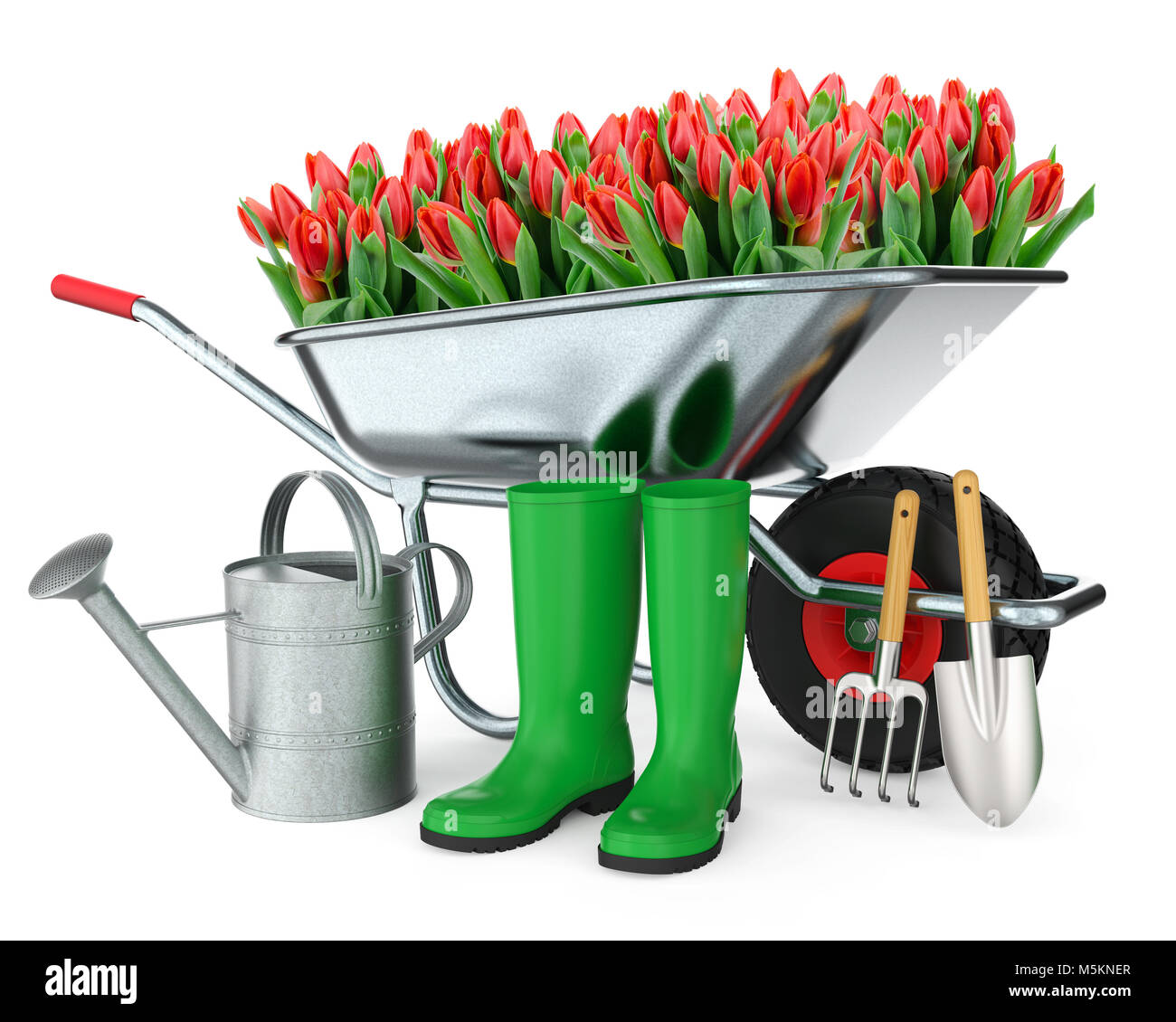 Carriola con fiori, stivali, annaffiatoio, pala e zappa, isolato su sfondo bianco del rendering 3D Foto Stock