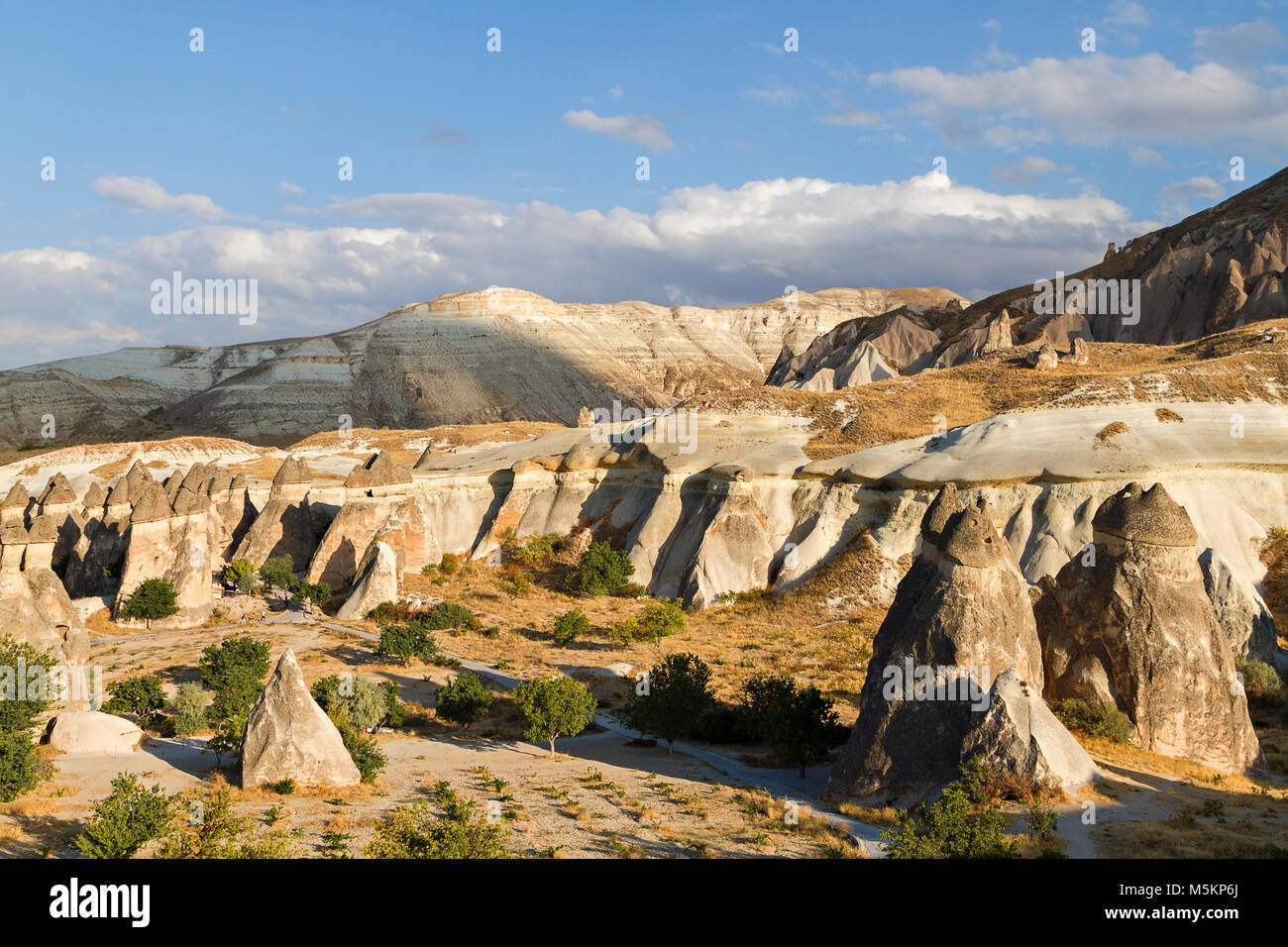 Formazioni di roccia vulcanica noto come Camini di Fata in Cappadocia, Turchia Foto Stock