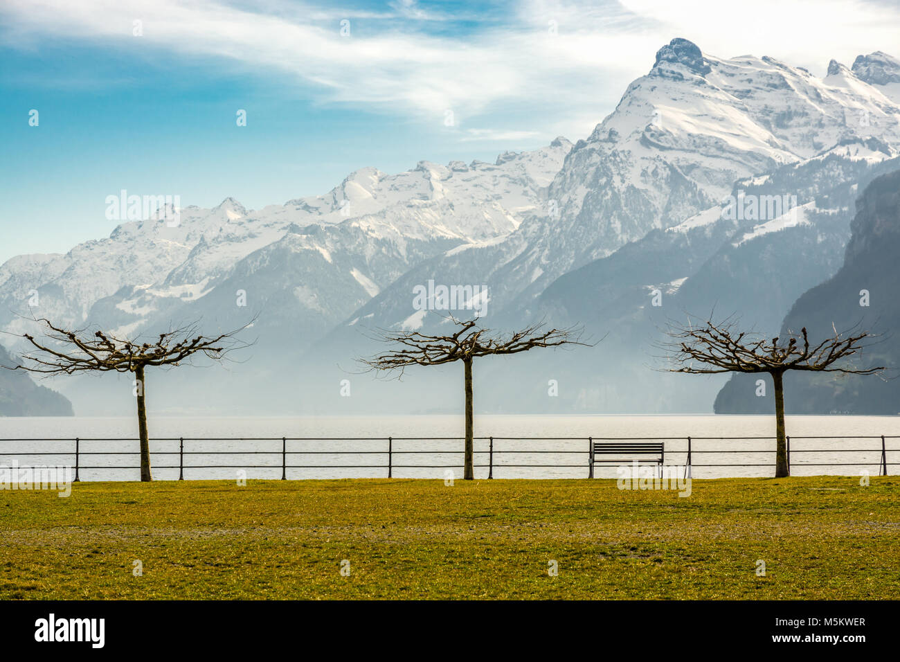Un piccolo parco vicino a Brunnen con splendide viste sulle Alpi e sul lago di Lucerna Foto Stock