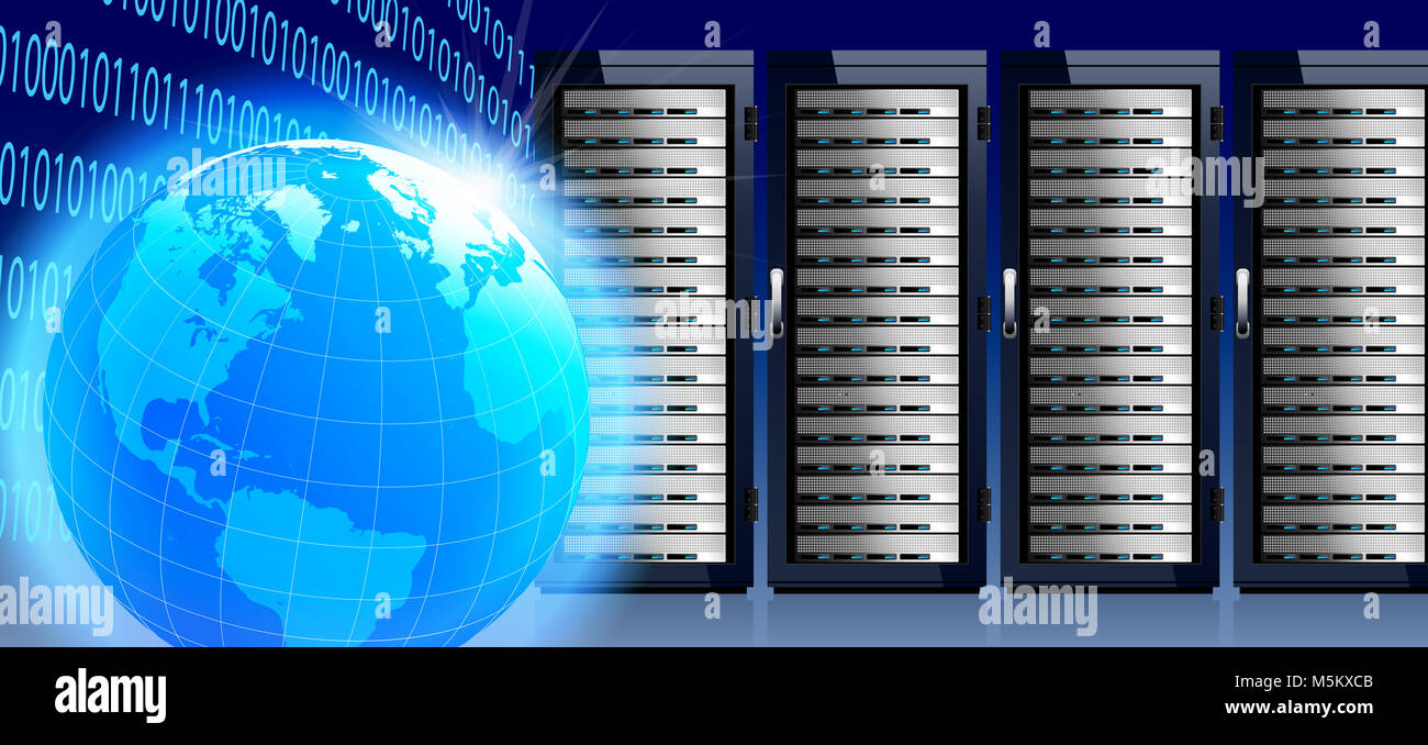 Internet mondo globale con la tecnologia di comunicazione, Centro dati, server rack, cloud networking world Foto Stock