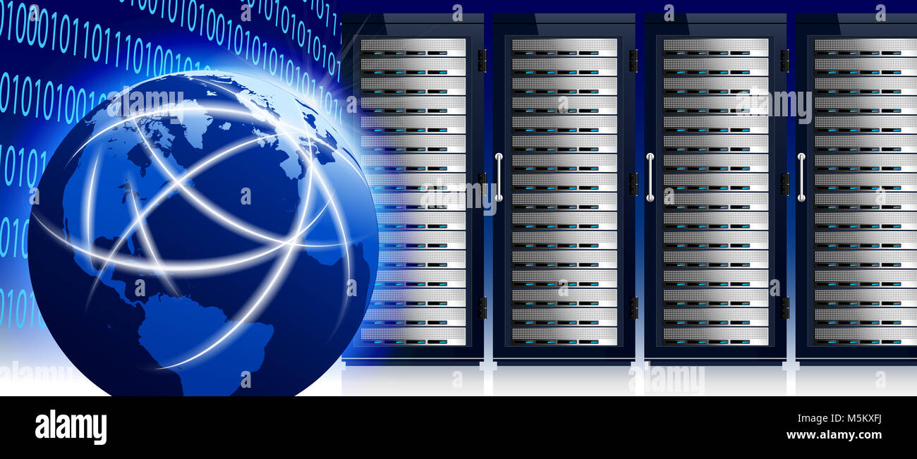 Rete e Internet mondo globale con la tecnologia di comunicazione, Centro dati, rack per server Foto Stock