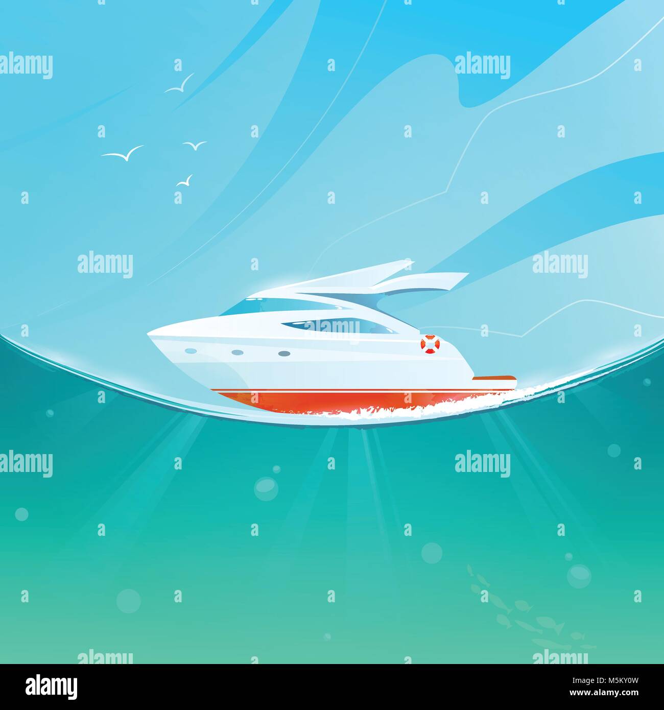 Cartoon yacht contro il cielo e il mare. Illustrazione Vettoriale