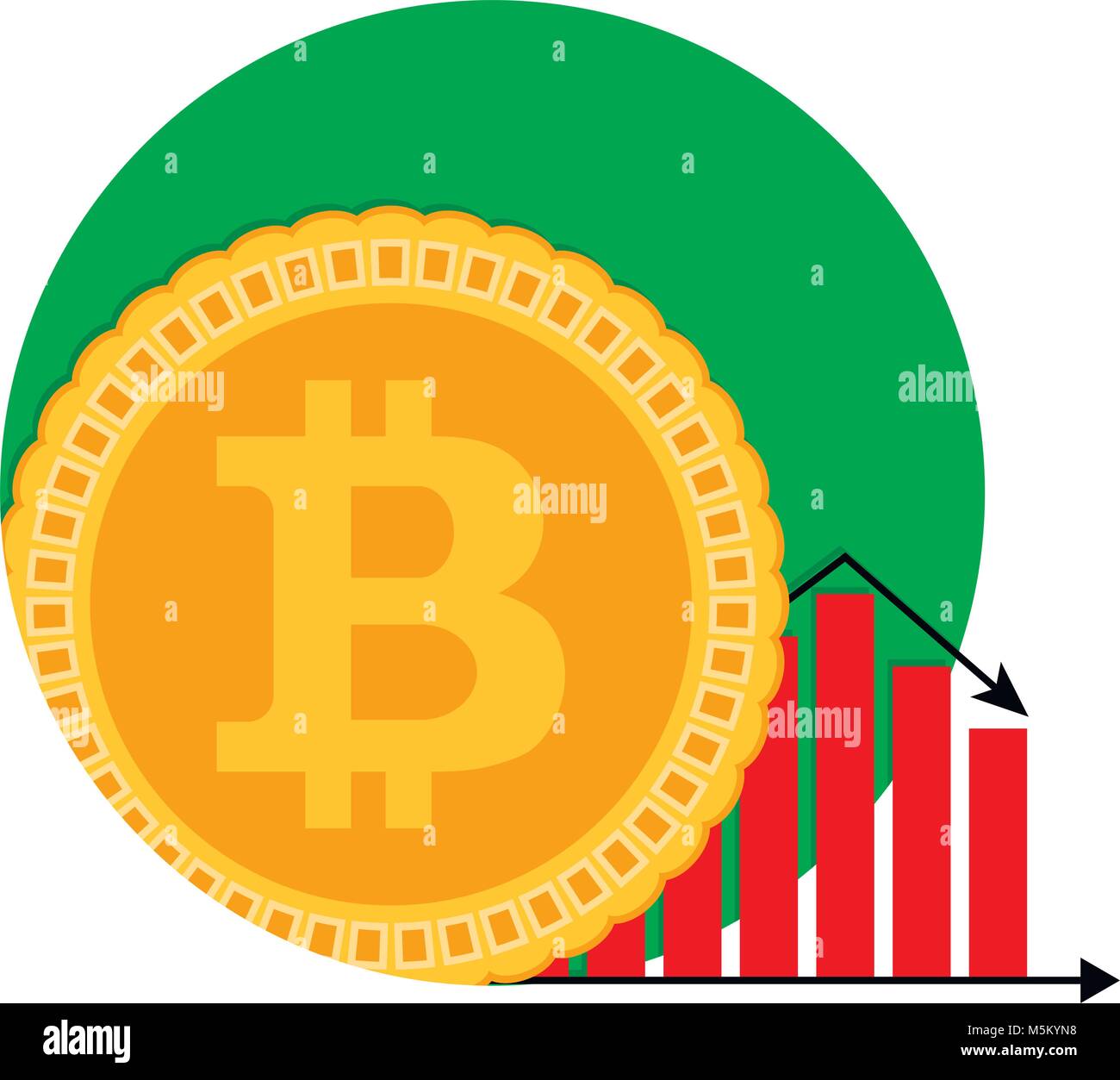 Denaro Bitcoin diagramma icona in caduta. Vettore perdita di recessione, declino infochart bit illustrazione di monete Illustrazione Vettoriale