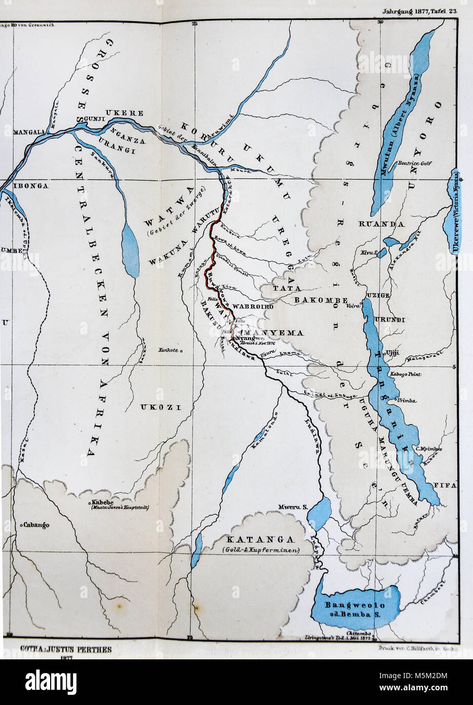 1877 Petermann Mittheilungen Mappa del corso del fiume Congo e il lago Tanganika Foto Stock