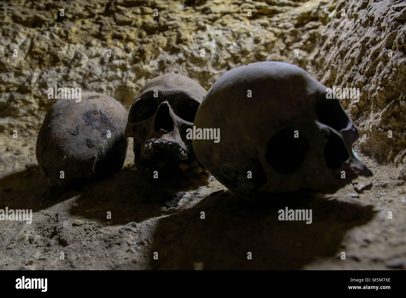 Teschi sono visti in un nuovo cimitero scoperto risalente al tardo periodo faraonico e inizio etï¿½tolemaica, nella città di Minya, Sud Egitto, 24 febbraio 2018. Secondo l'Egitto il Ministro delle Antichità Khaled al-Enany il cimitero contiene una maschera d'oro, 40 sarcofagi, circa un migliaio di statue, ceramiche, gioielli e altri manufatti. Missioni da Monaco di Baviera, Hildesheim ed Egitto hanno lavorato nella zona fin dal 2017. Foto: Samer Abdallah/dpa Foto Stock