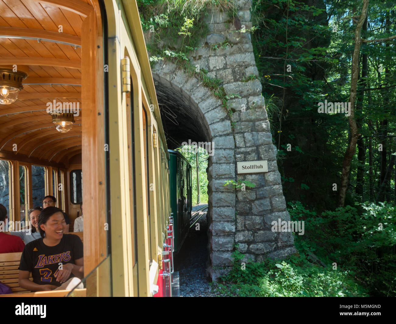Schynige Platte Railway entrando in un tunnel di montagna Foto Stock