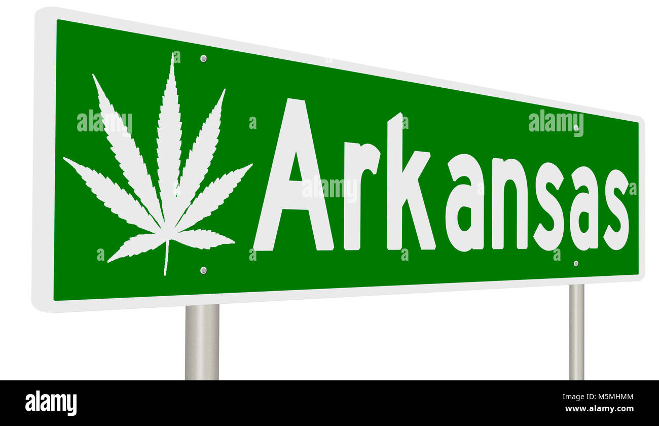Il rendering di un verde autostrada segno con foglia di marijuana per Arkansas Foto Stock
