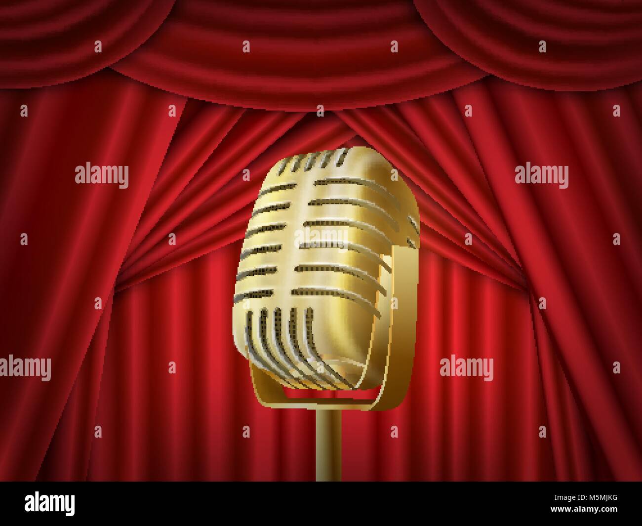 Vintage microfono in metallo. Di seta rossa sullo sfondo a tendina. Mic retrò sul teatro vuoto stadio. Illustrazione Vettoriale