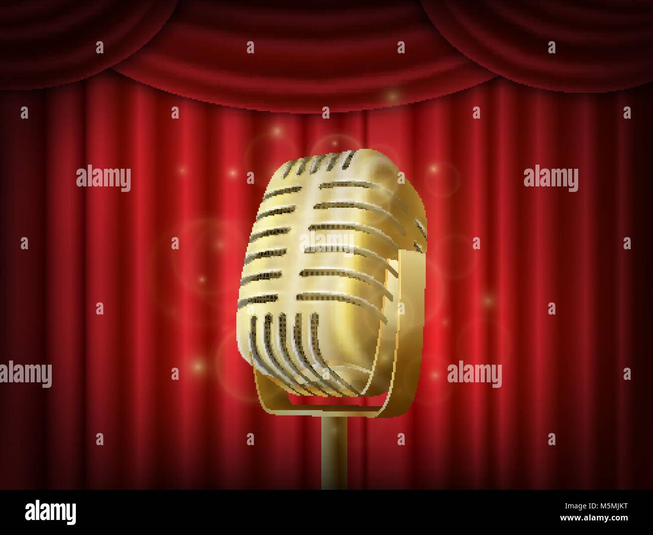 Vintage microfono in metallo. Di seta rossa sullo sfondo a tendina. Mic retrò sul teatro vuoto stadio. Illustrazione Vettoriale